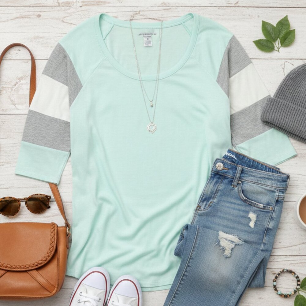 maurices 24/7 Colorblock Raglan Top | Mint & Grey | Large